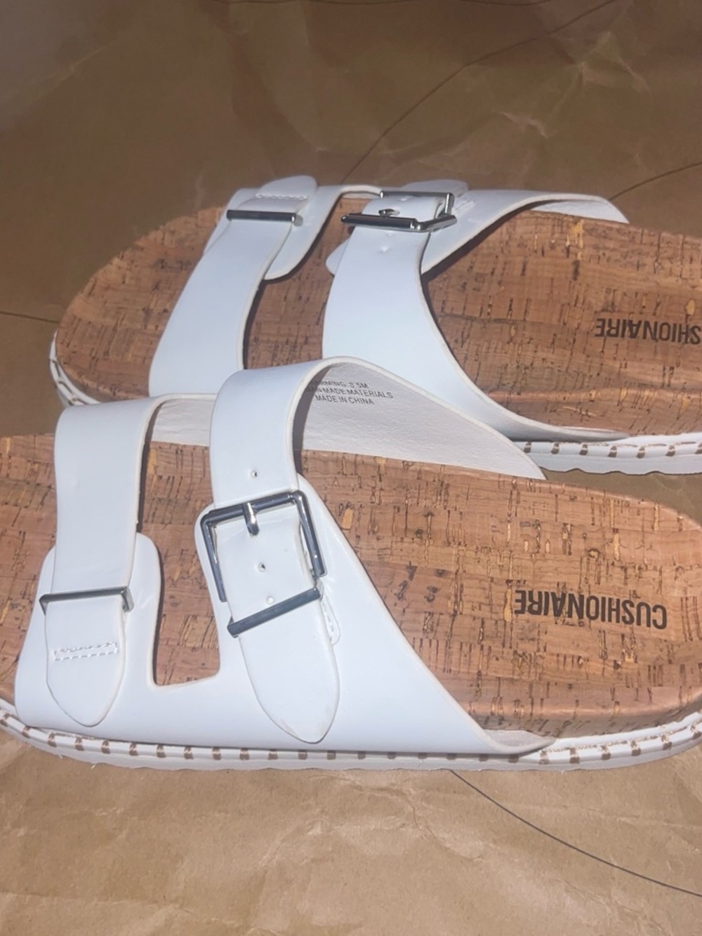 Cushionaire White Double-Buckle Cork Footbed Slide Sandals - Women